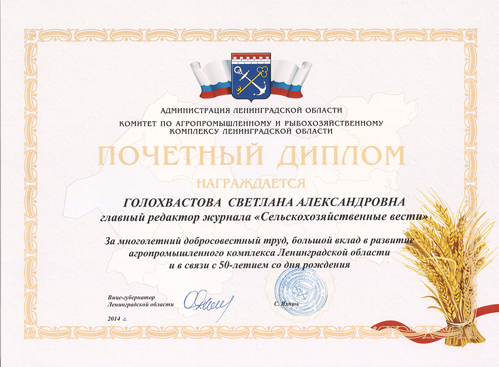 Почетный диплом награждается Голохвастова Светлана Александровна